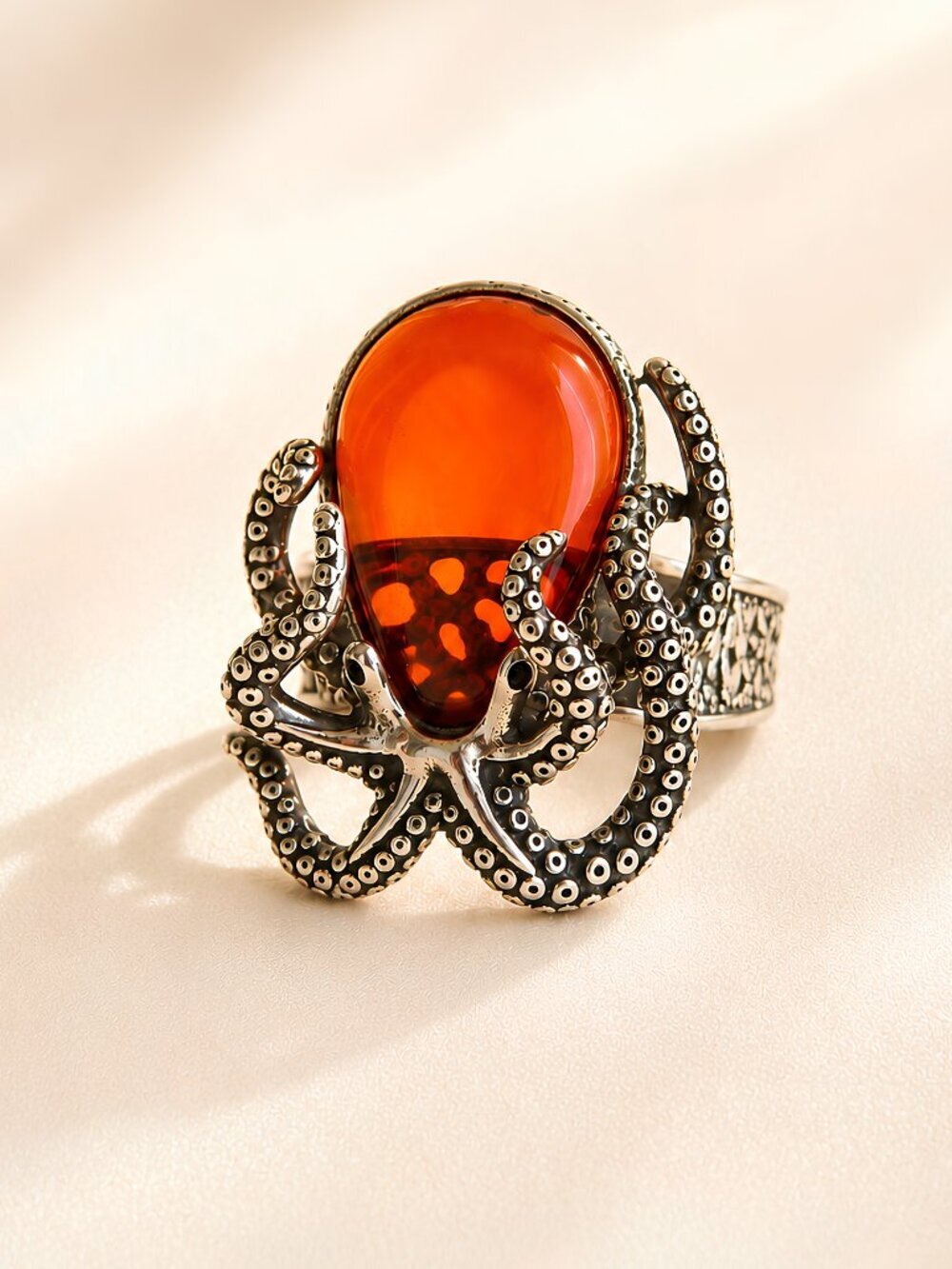 Octopus Ring With Baltic Cherry Amber- Sterling Silver